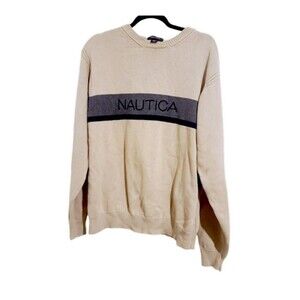 Vintage Nautica‎ Cream Navy Blue Crewneck Mens Knit Sweater y2k